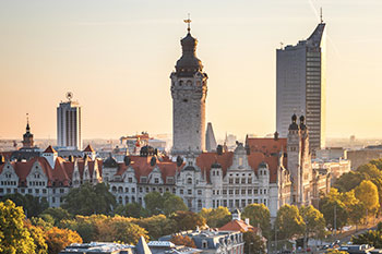 Leipzig city skyline at daytime with old tower and skyscraper