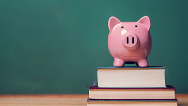 Pink piggy bank sat on top of books