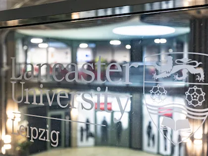 Lancaster university leipzig logo printed on glass